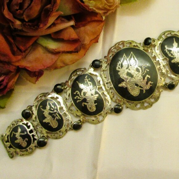 Vintage SIAM STERLING Nielloware Bracelet: Thai Deity Panel Link Bracelet - Picture 4 of 15